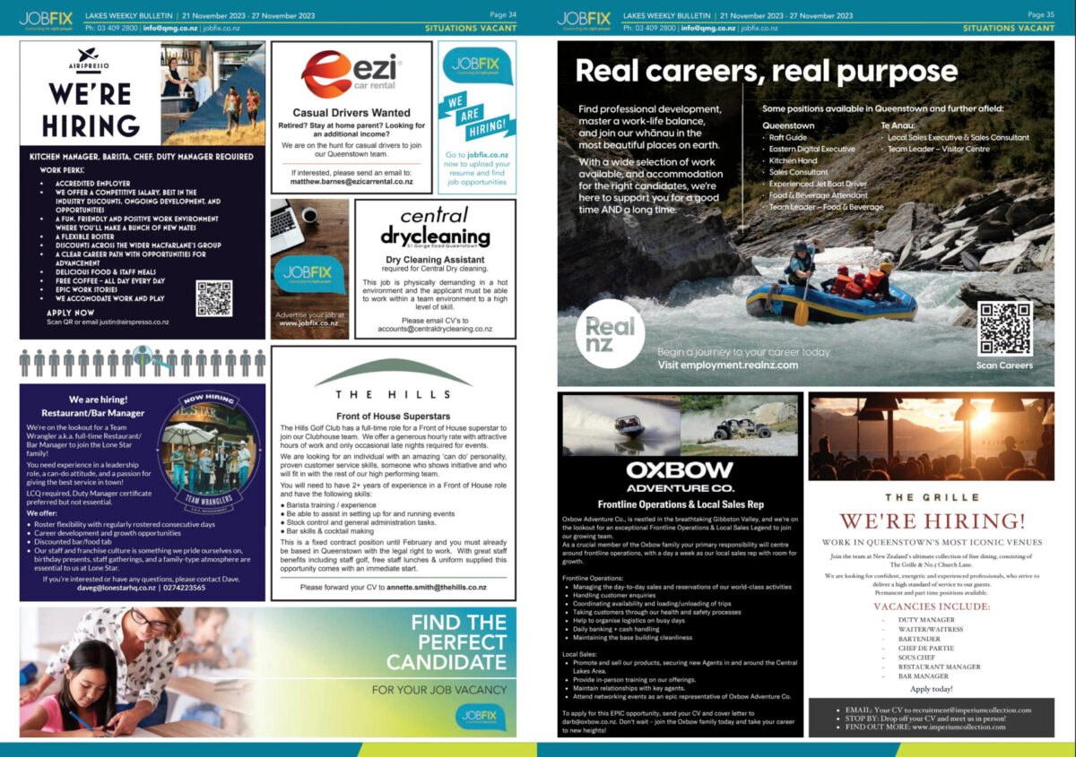 Job advertisements from Lakes Weekly Bulletin in Queenstown, NZ